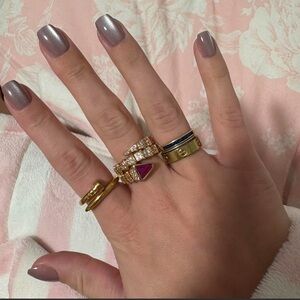 Bulgari Gold Stack with Pink Triangle Gem and Blue Enamel Band